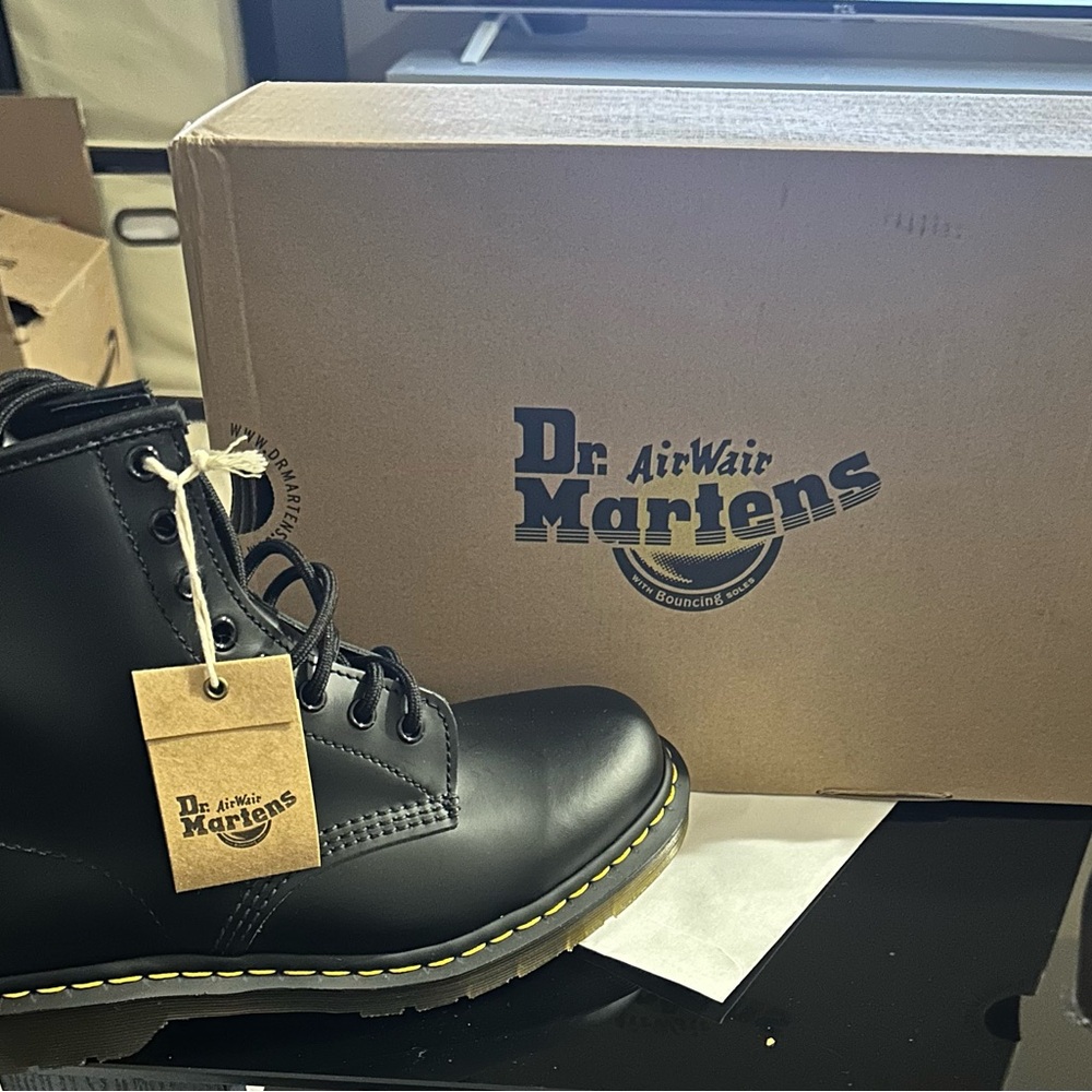 Dr. Martens Black Leather Boots with Yellow Stitching